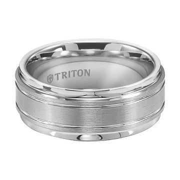 FREEMAN Step Edge White Tungsten Carbide Comfort Fit Ring with Raised Brushed Center and Polished Offset Grooves by Triton Rings - 9 mm - Larson Jewelers
