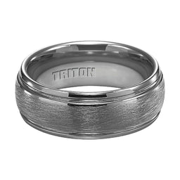 KENDALL Domed White Tungsten Carbide Ring with Wire Brush Finish and Polished Step Edges by Triton Rings - 8mm - Larson Jewelers