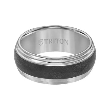 KILBY Black and White Domed Double Step Edge Tungsten Carbide Comfort Fit Wedding Band with Florentine Finish by Triton Rings - 9 mm - Larson Jewelers