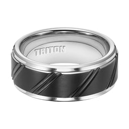 KINGSLEY Black and White Tungsten Carbide Ring with Beveled Step Edges and Diagonal Cuts by Triton Rings - 9 mm - Larson Jewelers