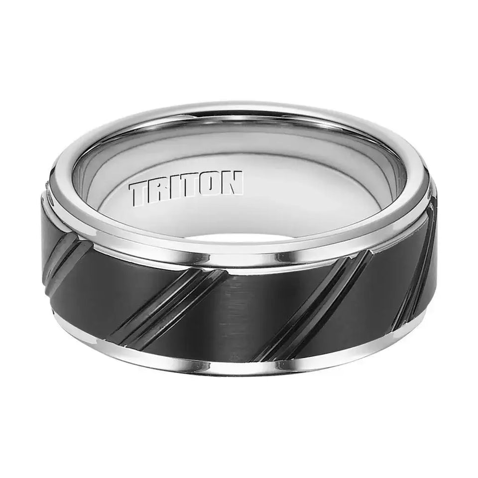 KINGSLEY Black and White Tungsten Carbide Ring with Beveled Step Edges and Diagonal Cuts by Triton Rings - 9 mm - Larson Jewelers