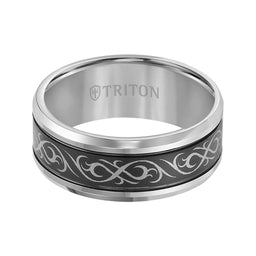KIRBY Beveled Tungsten Carbide Ring with Dual Offset Grooves and Laser Engraved Celtic Pattern Black Tungsten Center by Triton Rings - 9 mm - Larson Jewelers