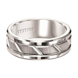 KURT Dual Grooved White Tungsten Carbide Wedding Band with Diagonal Cut Brush Finished Center and Polished Beveled Edges by Triton Rings - 8 mm - Larson Jewelers
