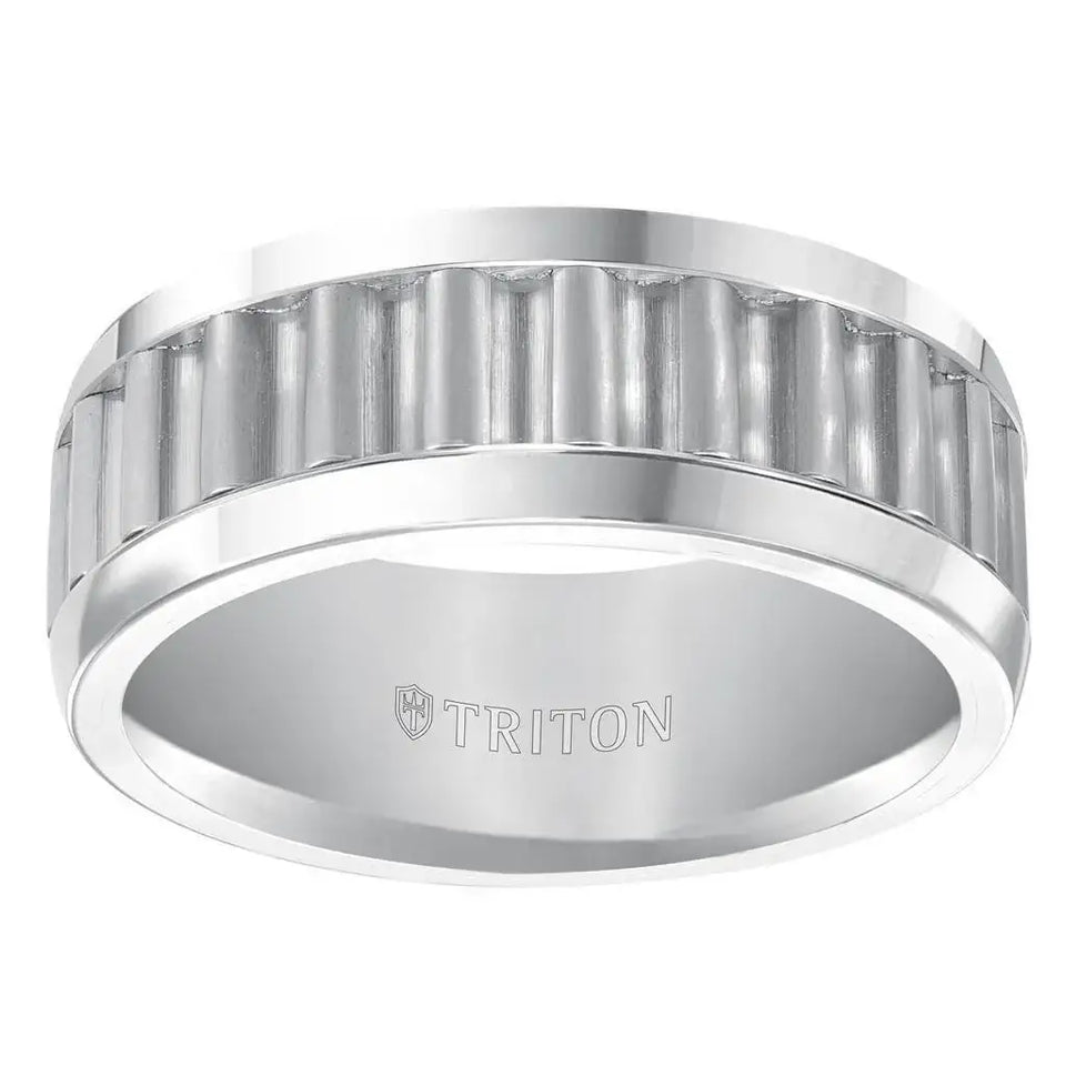 CARRICK Triton Rings CARRICK White Tungsten Ring With Horizontal Gear Teeth Center 9mm - Larson Jewelers