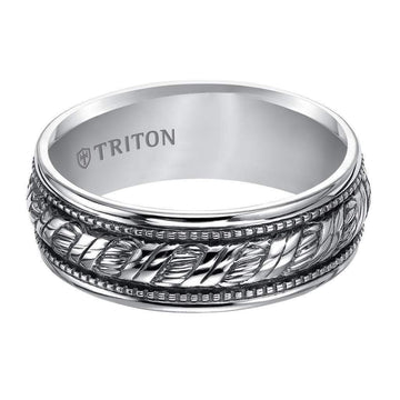 LUCA Sterling Silver Comfort Fit Wedding Band with Woven Center, Offset Milgrains, and Black Oxidation Finish by Triton Rings -8mm - Larson Jewelers