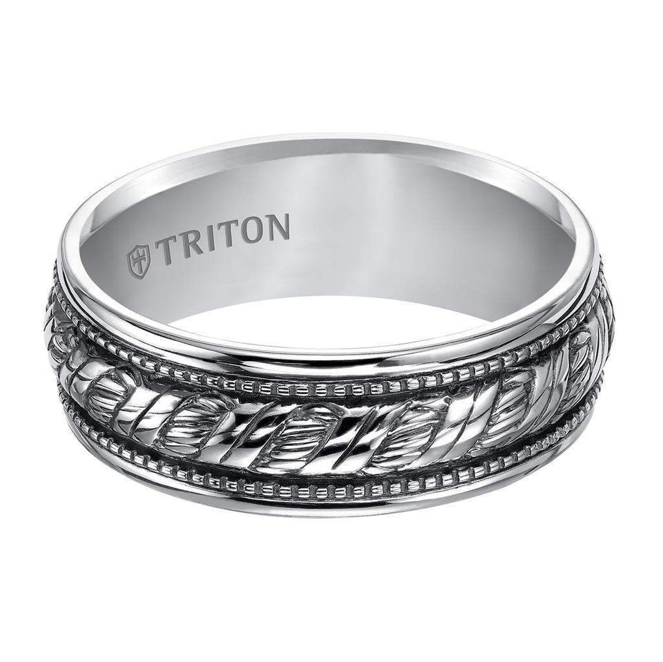 LUCA Sterling Silver Comfort Fit Wedding Band with Woven Center, Offset Milgrains, and Black Oxidation Finish by Triton Rings -8mm - Larson Jewelers