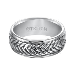 ANDREW Sterling Silver Cast Comfort Fit Wedding Band with Woven Pattern Center, Polished Rims, and Black Oxidation Finish by Triton Rings - 9mm - Larson Jewelers