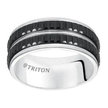 KOUSEI White Tungsten Carbide Ring with Step Edges & Vertically Cut Dual Raised Black Tungsten Inlays by Triton Rings - 9mm - Larson Jewelers