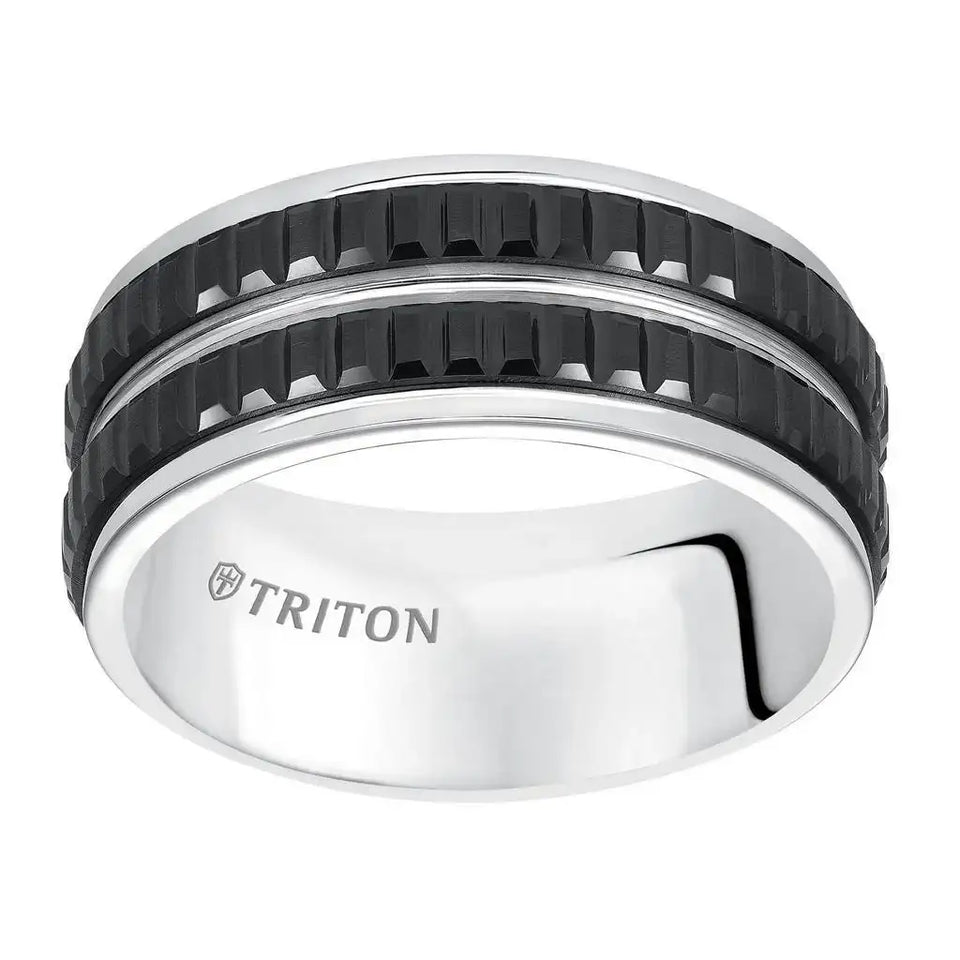 KOUSEI White Tungsten Carbide Ring with Step Edges & Vertically Cut Dual Raised Black Tungsten Inlays by Triton Rings - 9mm - Larson Jewelers