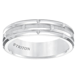 ARJAN White Tungsten Carbide Comfort Fit Band with Cut Brick Motif with Satin Center Finish by Triton Rings - 6mm - Larson Jewelers
