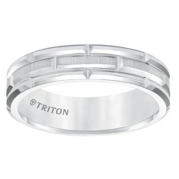 ARJAN White Tungsten Carbide Comfort Fit Band with Cut Brick Motif with Satin Center Finish by Triton Rings - 6mm - Larson Jewelers