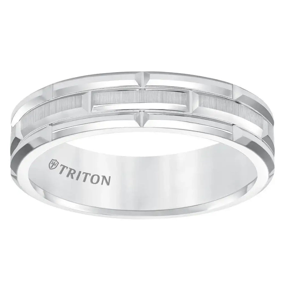 ARJAN White Tungsten Carbide Comfort Fit Band with Cut Brick Motif with Satin Center Finish by Triton Rings - 6mm - Larson Jewelers