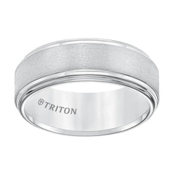 White tungsten carbide band, satin center with polished double step edges, side view