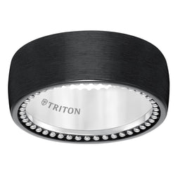Domed Black Titanium and Sterling Silver Comfort Fit Band with Beaded Texture Side Treatment and Satin Finish - 9mm - Larson Jewelers