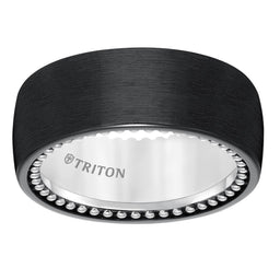 Front view of domed black titanium and sterling silver comfort-fit band with satin finish and beaded interior edge