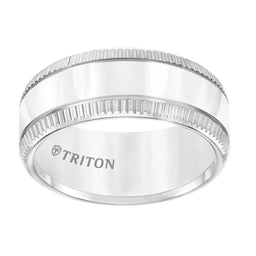 Angled view of the white tungsten polished center wedding band showing detailed coin-edge sides and Triton interior mark