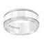 Angled view of the white tungsten polished center wedding band showing detailed coin-edge sides and Triton interior mark