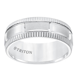 White Tungsten Satin Finished Coin Edge Wedding Band with Grooved Brick Style Center by Triton Rings - 8mm - Larson Jewelers