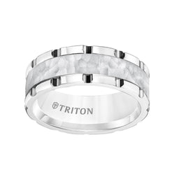 White Tungsten Polished Grooved Edges Wedding Ring with Sand Finished Hammered Center by Triton Rings - 8mm - Larson Jewelers