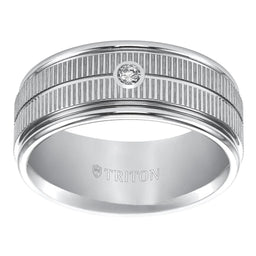 SOLOMON Flat White Tungsten Carbide Ring with Coin Edge Texture Center Bright Polished Rims and Single Diamond Setting by Triton Rings - 9mm - Larson Jewelers
