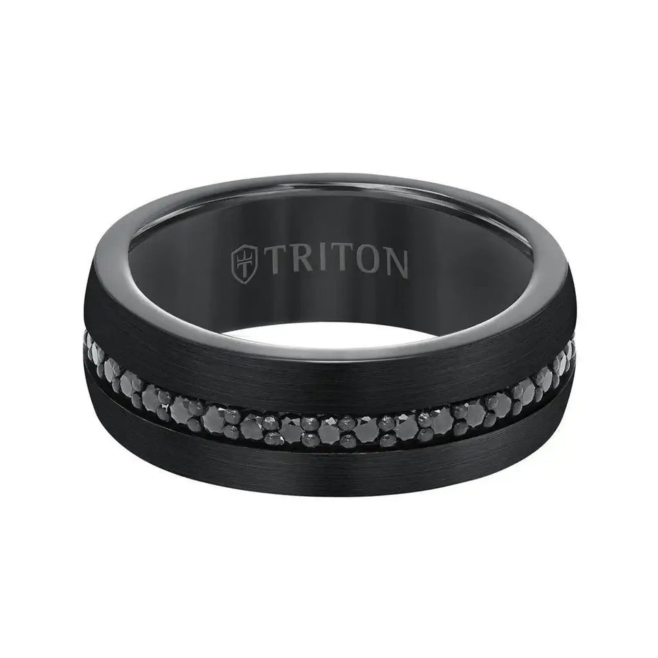 Side view of the GLADIATOR 8mm black tungsten ring showing the full eternity channel of black sapphires and TRITON interior engraving