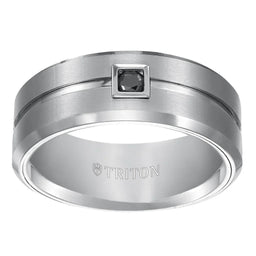 Sherman Beveled Grooved Brushed Finish White Tungsten Ring Black Diamond Square Bezel by Triton Rings - 9mm - Larson Jewelers