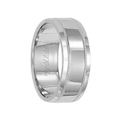 ArtCarved Covenant 14k white gold men’s wedding band with flat high-polished center and milgrain edges, 7.5 mm width, angled view