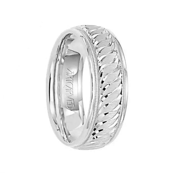 WHISPERS OF LOVE 14k White Gold Wedding Band Engraved Center Design Milgrain Rolled Edges by Artcarved - 7mm - Larson Jewelers