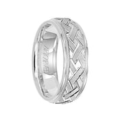 INTRIGUE 14k White Gold Wedding Band Brushed Finish Engraved Diagonal Crossed Center Milgrain Rolled Edges by Artcarved - 7 mm - Larson Jewelers
