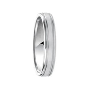 ArtCarved 14k white gold flat wedding band with brushed center and dual milgrain rolled edges, angled view