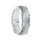 14k White Gold Wedding Band Crystalline Domed Finish Center with Dual Ridge Accents Flat Edges- 7.5 mm - Larson Jewelers