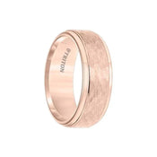 Rose tungsten carbide wedding band with step edges and center hammered texture by Triton, 8mm width, shown on white background