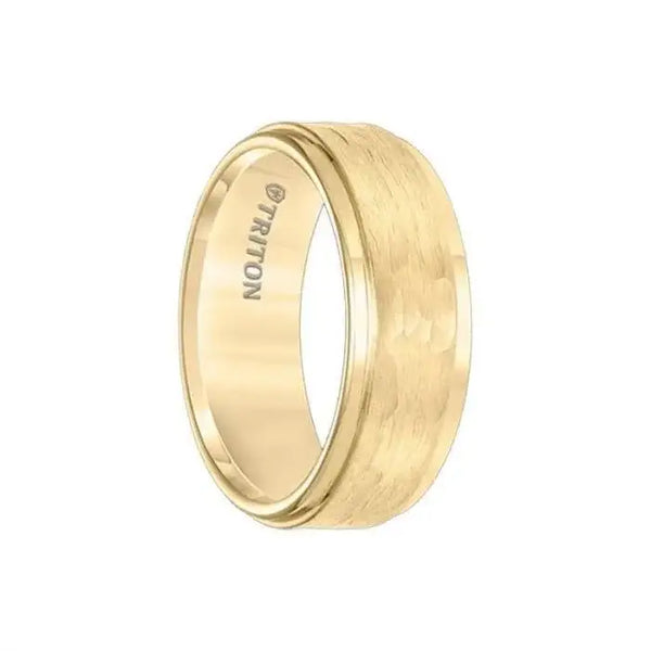 AVEN gold-plated tungsten carbide ring, 8mm width, step-edge design with hammered brushed center and polished edges, inner engraving reads TRITON