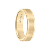 Yellow gold-plated flat tungsten carbide wedding band with satin center, side perspective