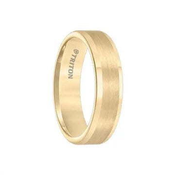 Yellow gold-plated flat tungsten carbide wedding band with satin center, side perspective