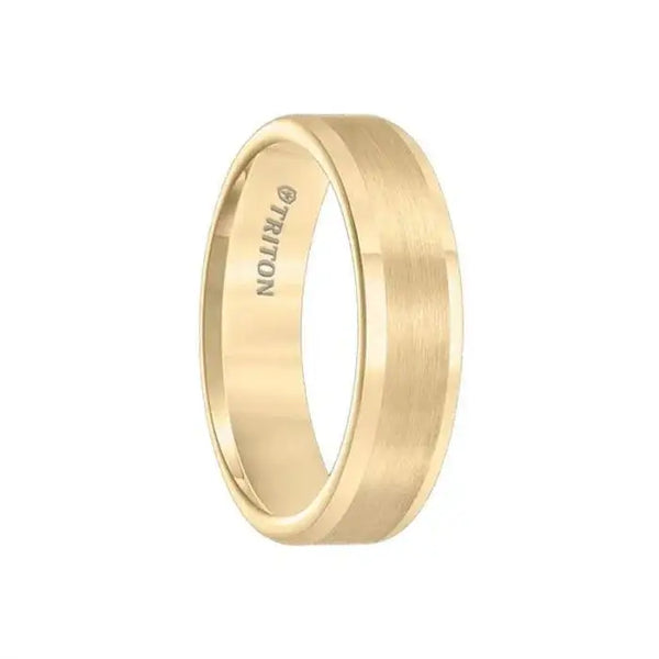 Yellow gold-plated flat tungsten carbide wedding band with satin center, side perspective