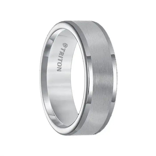 PAUL flat tungsten carbide wedding band by Triton with satin center and polished round edges, 7mm width