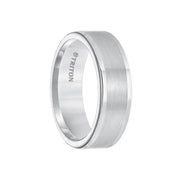 White tungsten carbide wedding band with satin center and polished step edges, 7mm, by Triton Rings, angled view