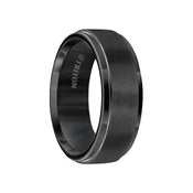Black Triton men’s tungsten carbide ring with raised satin-finished center and polished step edges, 8mm width, shown at an angle