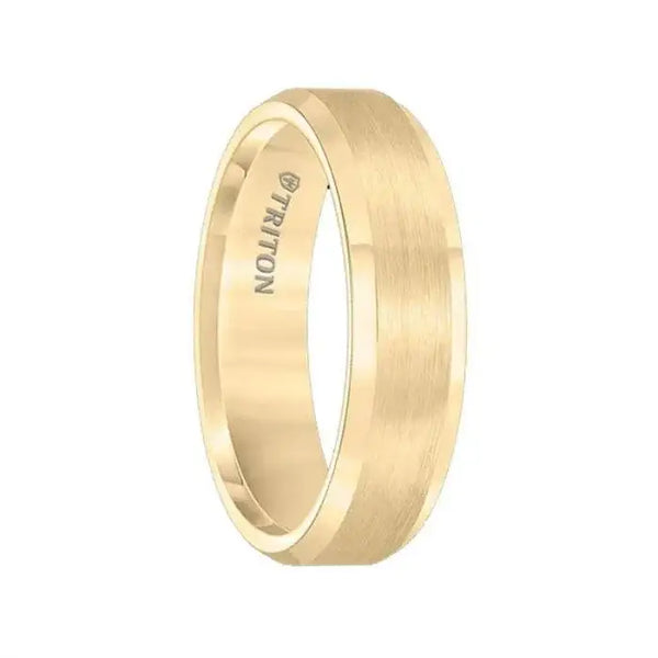 Yellow gold-tone tungsten carbide wedding band with satin center and polished beveled edges, 6mm, branded TRITON