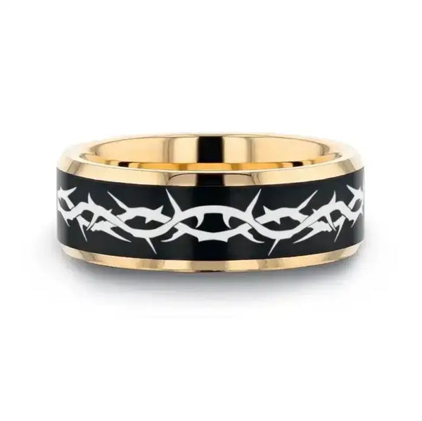 THORN CROWN Gold Plated Tungsten Polished Beveled Ring with Brushed Black Center - Larson Jewelers
