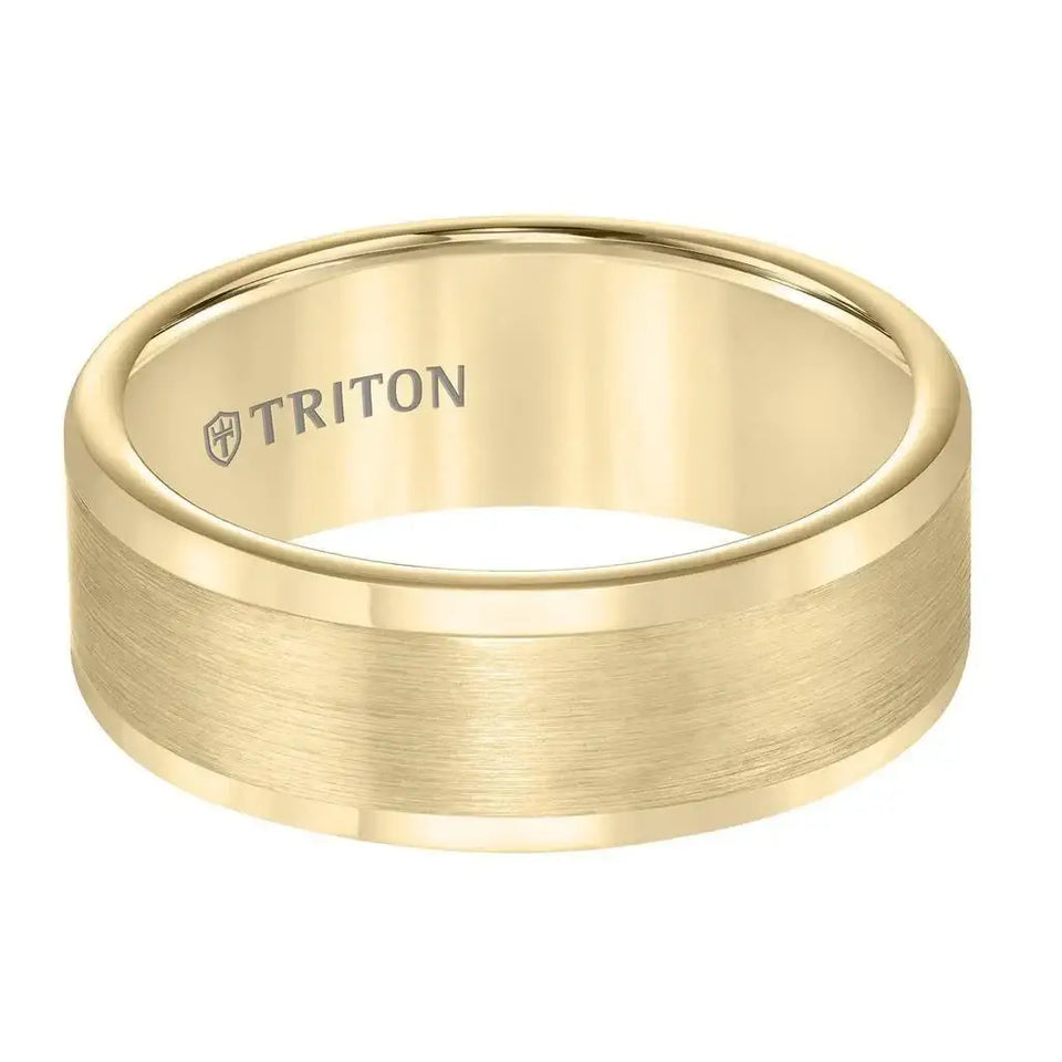 BERGMAN Flat Yellow Tungsten Carbide Round Edge Comfort Fit Band with Satin Finish Center by Triton Rings - 8mm - Larson Jewelers