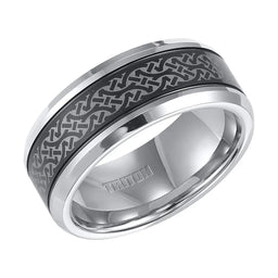 KENYON Beveled Tungsten Carbide Ring with Offset Grooves and Contemporary Laser Engraved Pattern on Black Tungsten Center by Triton Rings - 9 mm - Larson Jewelers