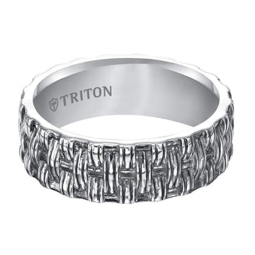 TAYLOR Flat Sterling Silver Comfort Fit Wedding Band with Woven Pattern and Black Oxidation Finish by Triton Rings - 8mm - Larson Jewelers