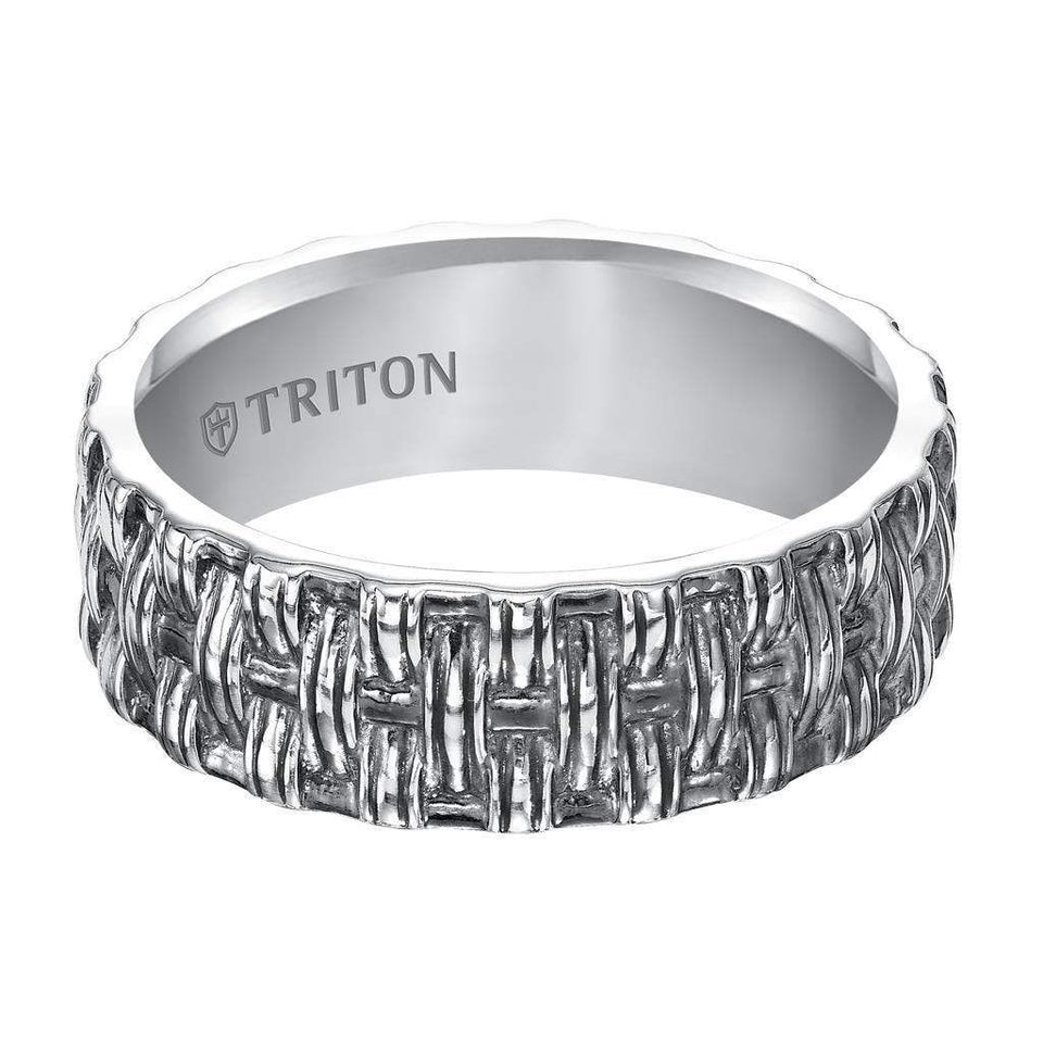 TAYLOR Flat Sterling Silver Comfort Fit Wedding Band with Woven Pattern and Black Oxidation Finish by Triton Rings - 8mm - Larson Jewelers