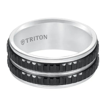 KOUSEI White Tungsten Carbide Ring with Step Edges & Vertically Cut Dual Raised Black Tungsten Inlays by Triton Rings - 9mm - Larson Jewelers