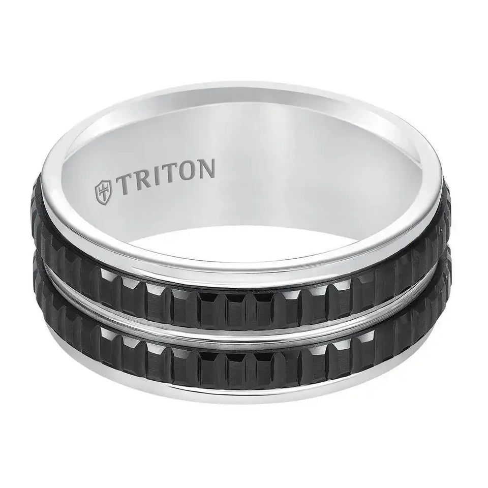 KOUSEI White Tungsten Carbide Ring with Step Edges & Vertically Cut Dual Raised Black Tungsten Inlays by Triton Rings - 9mm - Larson Jewelers
