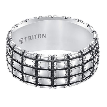 ADON Flat Extra Wide Sterling Silver Comfort Fit Wedding Band with Wide Woven Pattern and Black Oxidation Finish by Triton Rings - 10 mm - Larson Jewelers