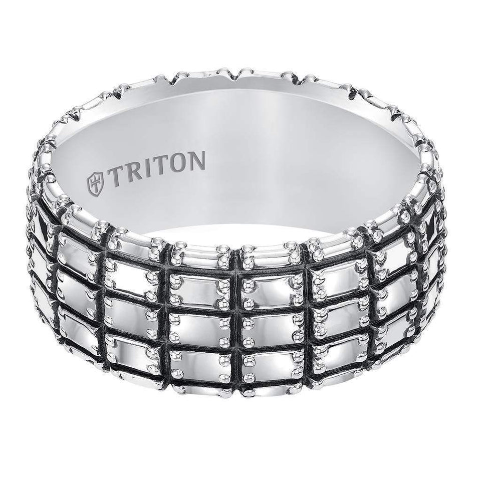 ADON Flat Extra Wide Sterling Silver Comfort Fit Wedding Band with Wide Woven Pattern and Black Oxidation Finish by Triton Rings - 10 mm - Larson Jewelers