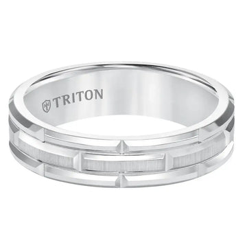 ARJAN White Tungsten Carbide Comfort Fit Band with Cut Brick Motif with Satin Center Finish by Triton Rings - 6mm - Larson Jewelers